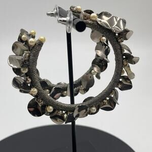 Deepa Gurnani‎ Faux Pearl Rhinestone Gunmetal Disc Beaded Large Hoop Earrings